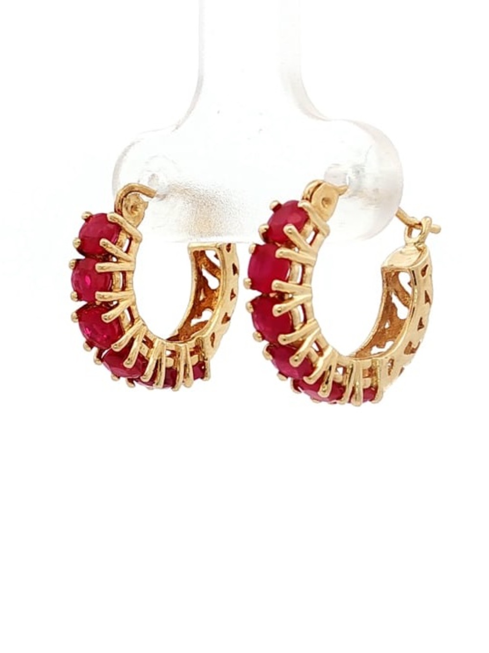 14k gold and Ruby Huggie Hoop Earrings - Picture 2 of 7